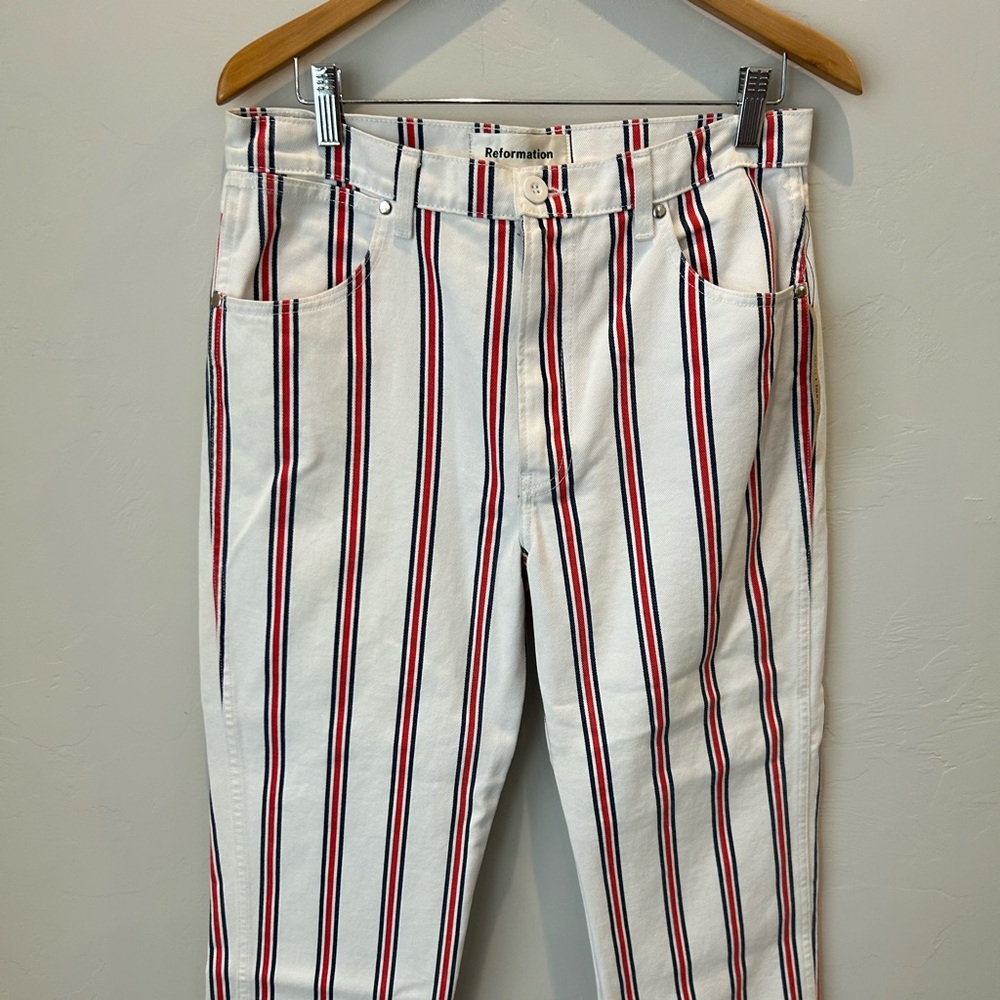Reformation cropped white jeans with red and blue stripes. NWT.